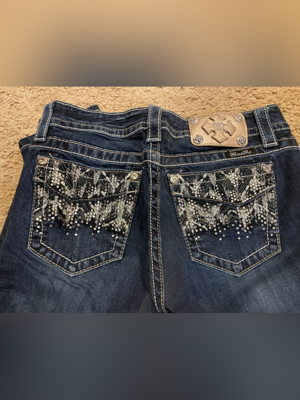 Miss Me Dark Blue Boot Cut Jeans with Rhinestone Lace Pocket Detail